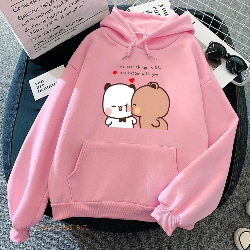 Panda Bear Bubu Dudu Love Heart Kangaroo Pocket Sweatshirts Women Clothing Casual Printing Pullovers Winter Aesthetic Clothes