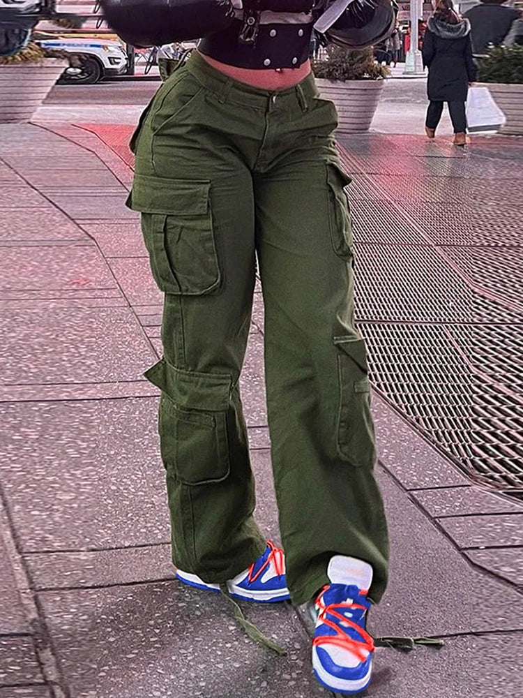 Womens New Denim Cargo Pants Retro Loose Trousers Multi Pocket Hip Hop Jeans Streetwear Wide Leg Casual Straight Pants TC708321