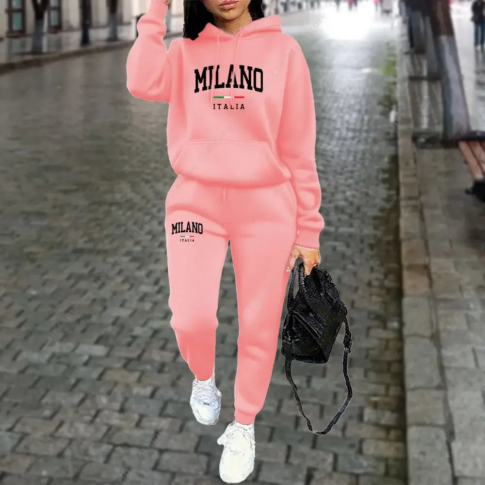 2025 Women's Printed Hoodie Set, Letter Pattern Hoodie and Sports Pants, Autumn Winter Two-piece Sportswear, Street Suit Set
