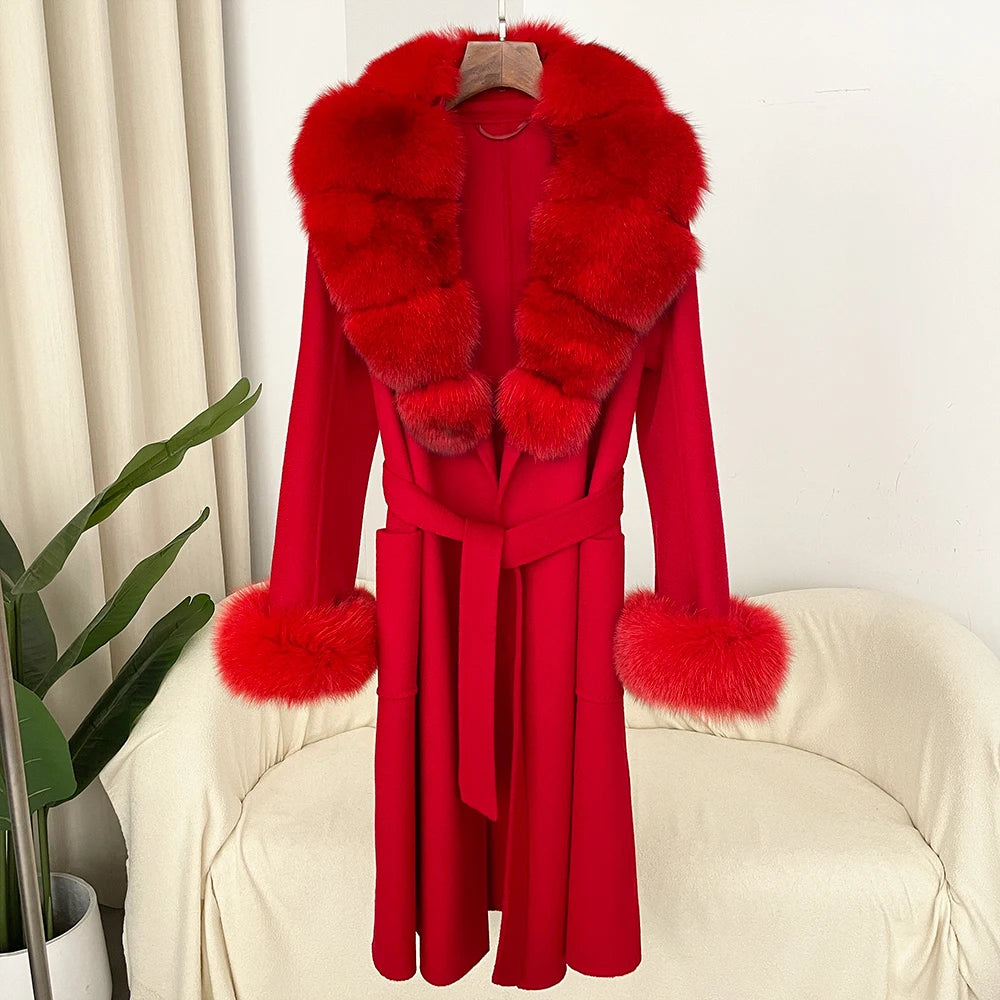 Fashion Women Winter Handmade Double Side 100% Woolen Red Color Real Fox Fur Collar Long Warm Female Wool Coat