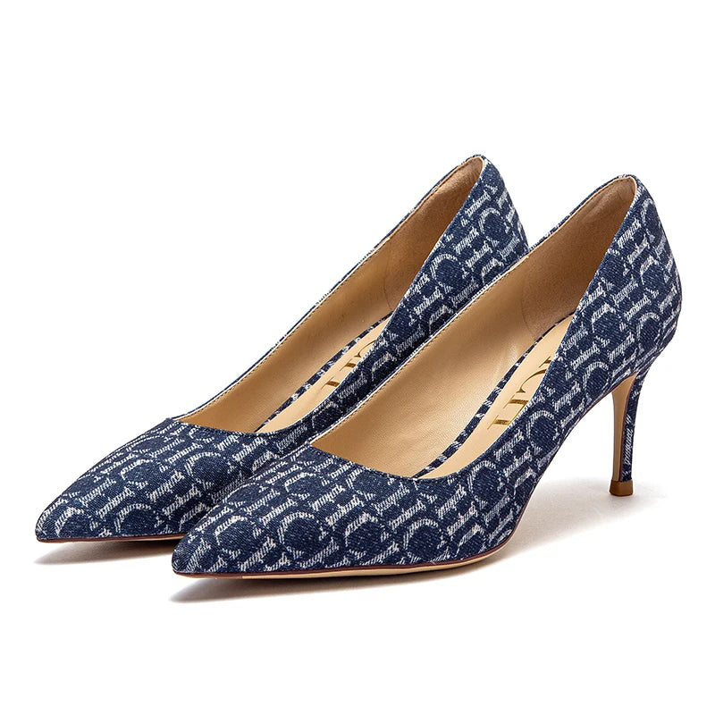 Classic style French ladies' high heels, shallow heel, letter cowboy print design, classic fashion.