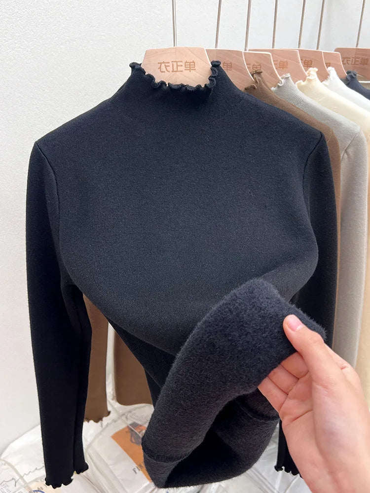 New Fleece Lined Thick Turtleneck Sweaters Women's Autumn Winter Slim Warm Ruched Knitted Tops Solid Color Casual Soft Pullover