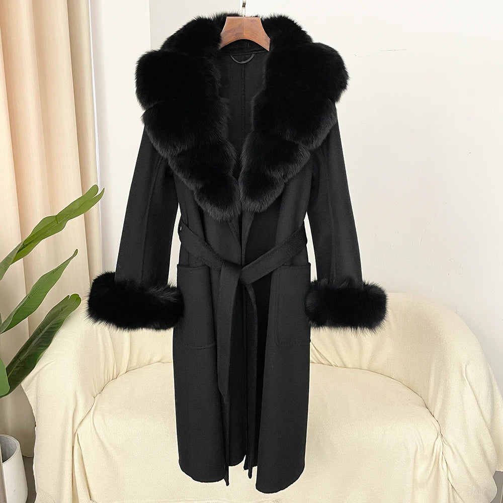 Fashion Women Winter Handmade Double Side 100% Woolen Red Color Real Fox Fur Collar Long Warm Female Wool Coat