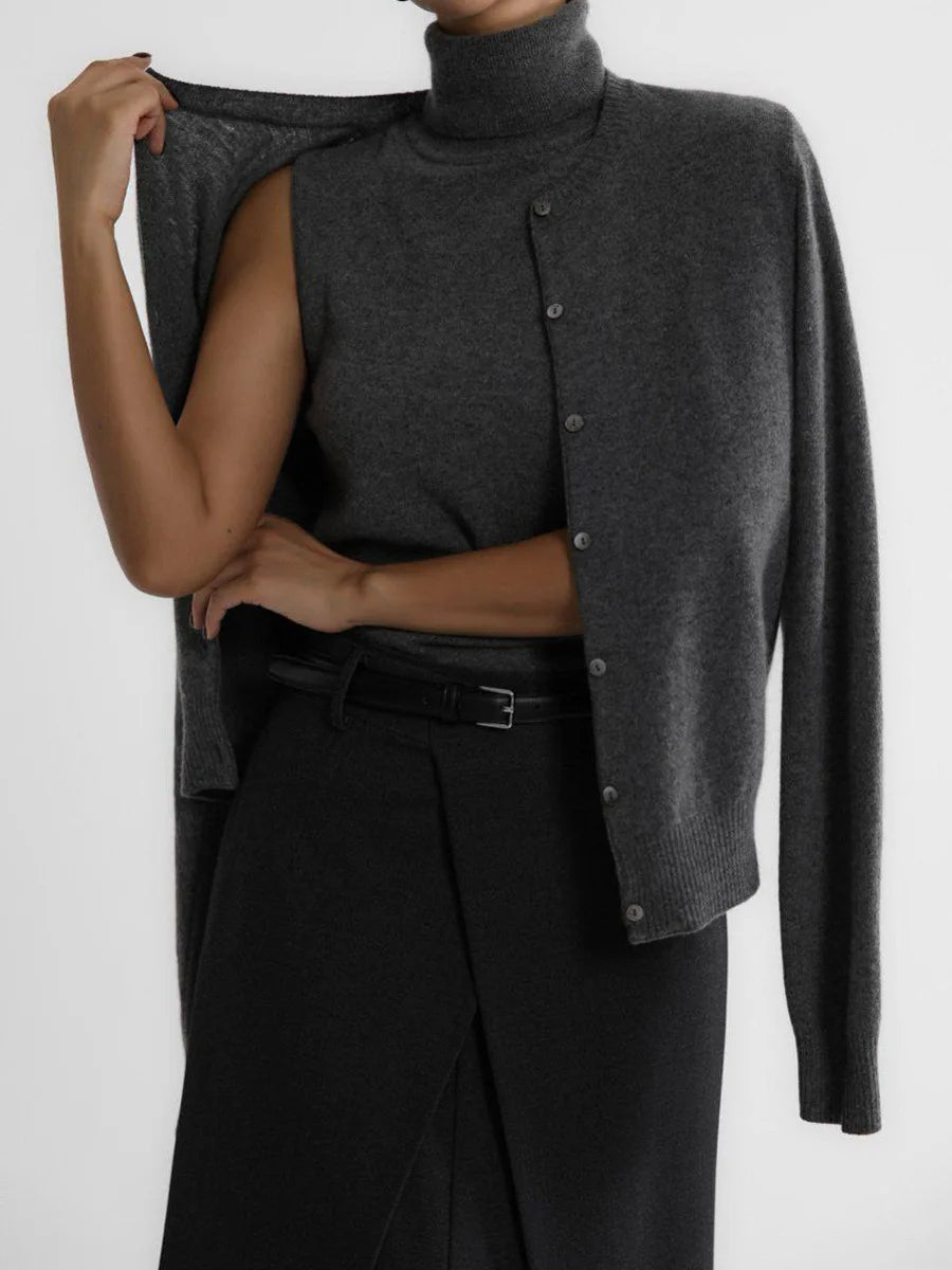 Wolfeel Women's New Turtleneck Sleeveless Tank Top Cardigan Sweater Set Soft Knit Button Up Autumn Fashion Sweaters 2-piece Set