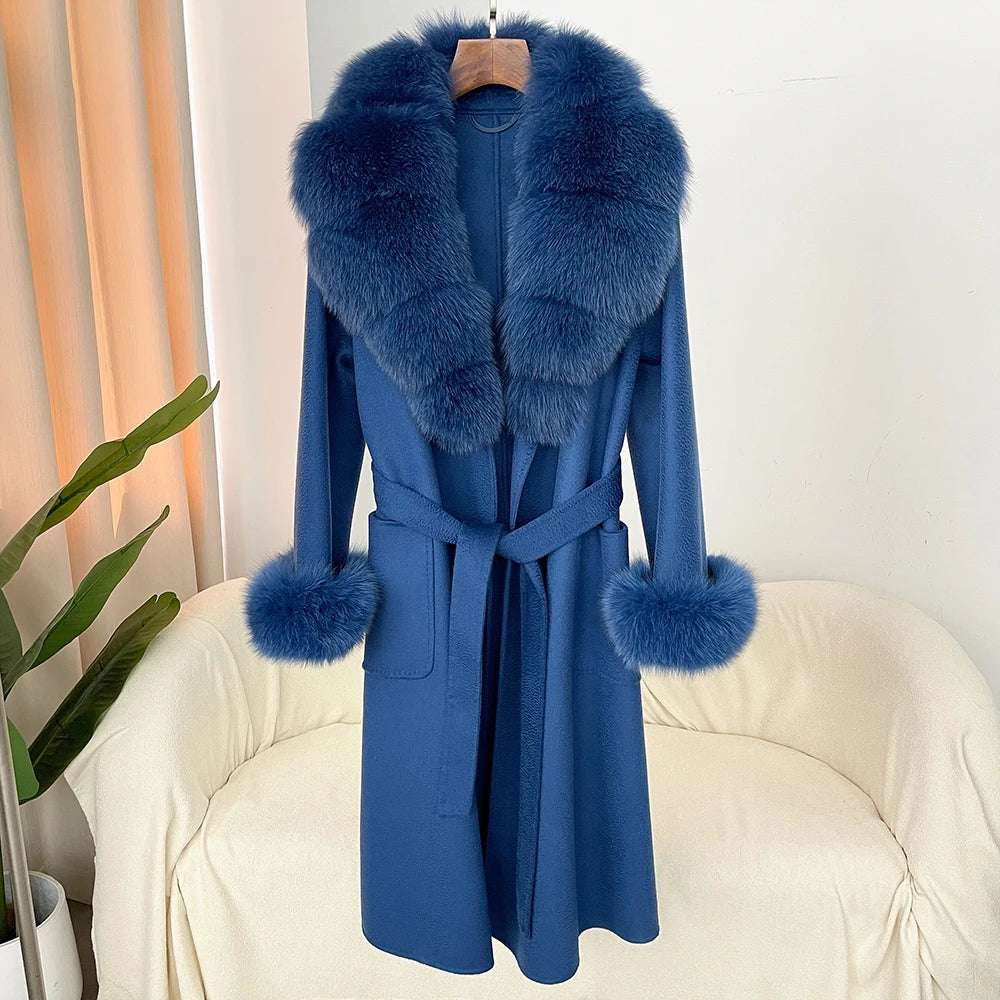 Fashion Women Winter Handmade Double Side 100% Woolen Red Color Real Fox Fur Collar Long Warm Female Wool Coat