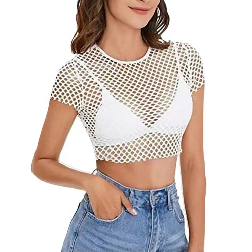 Womens T-Shirt Women\\\'s Short Sleeve See Though Mesh Fish Net Crop Top T Shirt Blouse Multiple Colors S XL Size Chart