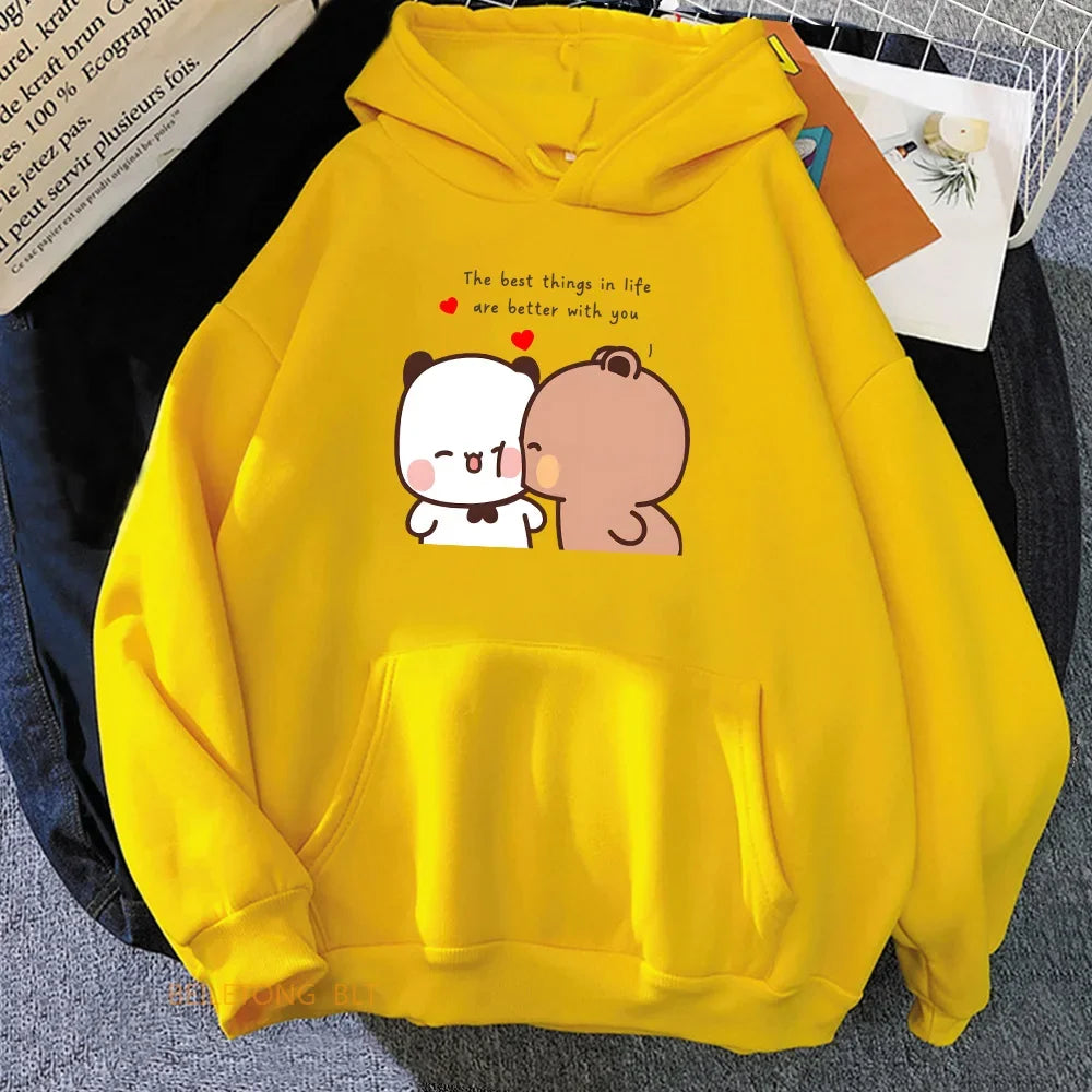 Panda Bear Bubu Dudu Love Heart Kangaroo Pocket Sweatshirts Women Clothing Casual Printing Pullovers Winter Aesthetic Clothes