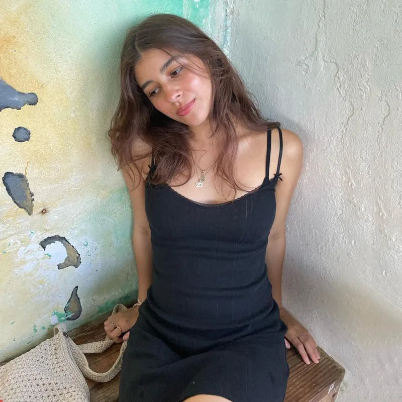 Lace Patchwork Bow Mini Dress Women Summer Hook Flower Hollow Out Slim Camis Dresses Female Vintage Sweet Solid Short Vestidos