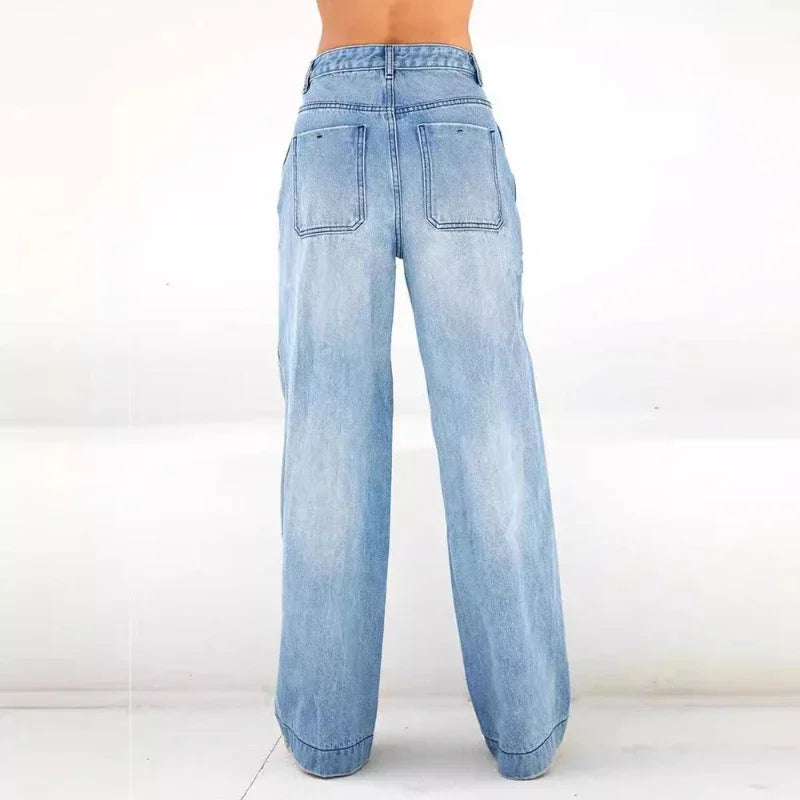 Women's Denim Pants Jeans High Waist Wide Leg Pants with Pockets Fashion Casual Long Trousers 2025 New Korean Streetwear