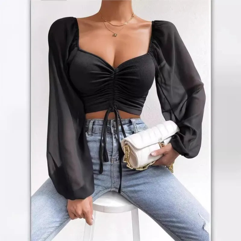 Women's Polo Shirt Brand Lantern Sleeve Polo Shirts For Women Drawstring Women's Casual Shirt Sexy Pulovers Womens Tops Blouses