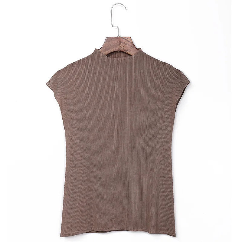 Miyake Versatile Classic Simple Solid Color Stand Up Collar Pleated Top Women Slim Slim Short Sleeve Miyake T-shirt Summer 2024
