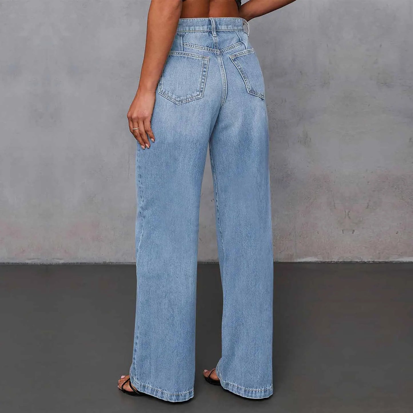 Women's Straight Wide Leg Jeans Trendy Fashion Mid Waist Two-Button Denim Pants Autumn Daily Casual Comfy All-Match Denim Pants