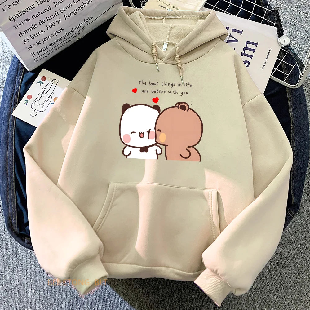 Panda Bear Bubu Dudu Love Heart Kangaroo Pocket Sweatshirts Women Clothing Casual Printing Pullovers Winter Aesthetic Clothes