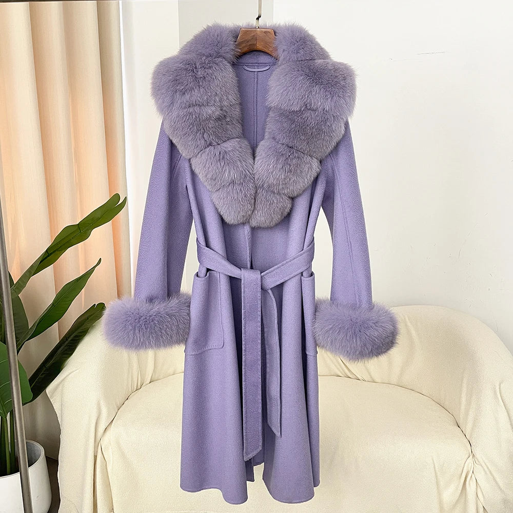 Fashion Women Winter Handmade Double Side 100% Woolen Red Color Real Fox Fur Collar Long Warm Female Wool Coat