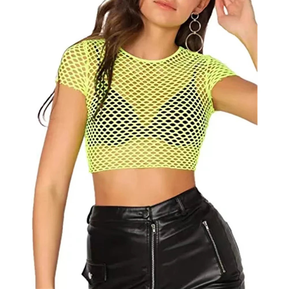 Womens T-Shirt Women\\\'s Short Sleeve See Though Mesh Fish Net Crop Top T Shirt Blouse Multiple Colors S XL Size Chart