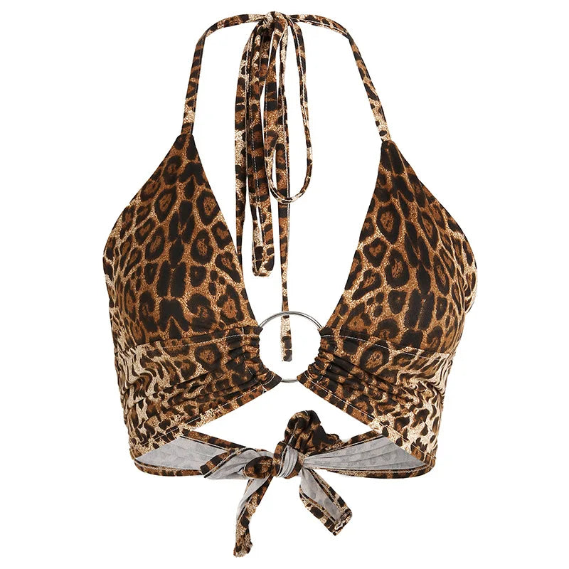 Leopard Printed Sexy Halter Crop Top Women Camis Backless Bandage Lace Up Sequins Metal Ring Tank Top 2021 Party Club Bustier