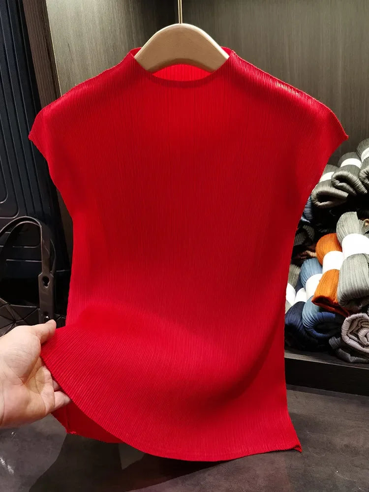 Miyake Versatile Classic Simple Solid Color Stand Up Collar Pleated Top Women Slim Slim Short Sleeve Miyake T-shirt Summer 2024