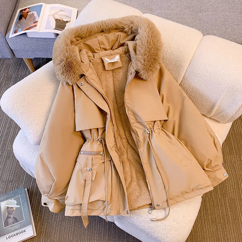 Autumn Winter Fleece Zipper Jackets Fashion Women Lined Hood Down Warm Padded Parkas Casual Office Lady Commute Puffer Coats