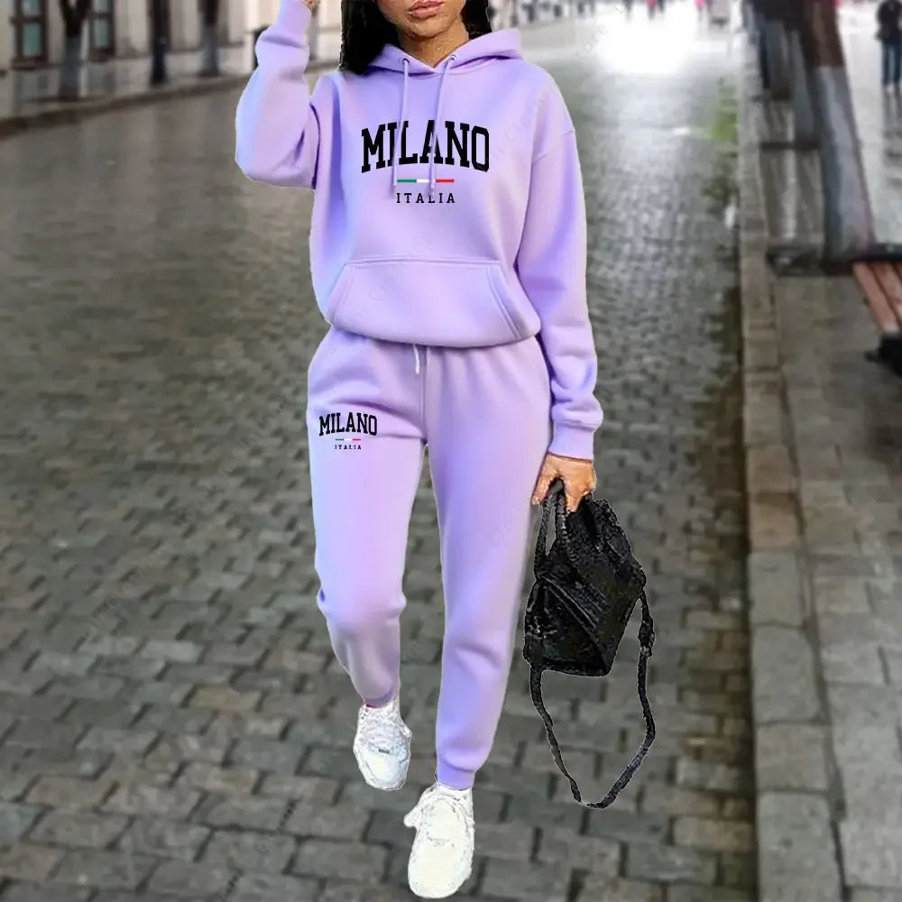 2025 Women's Printed Hoodie Set, Letter Pattern Hoodie and Sports Pants, Autumn Winter Two-piece Sportswear, Street Suit Set