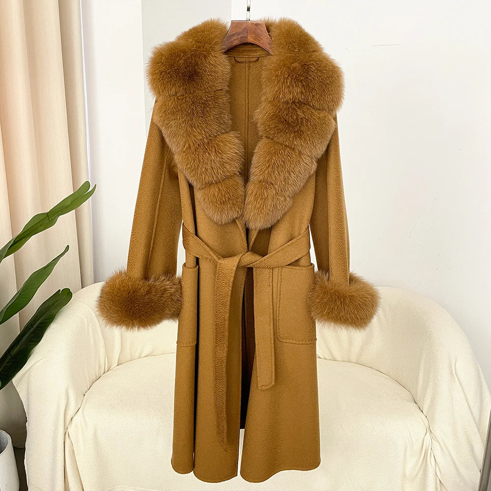 Fashion Women Winter Handmade Double Side 100% Woolen Red Color Real Fox Fur Collar Long Warm Female Wool Coat