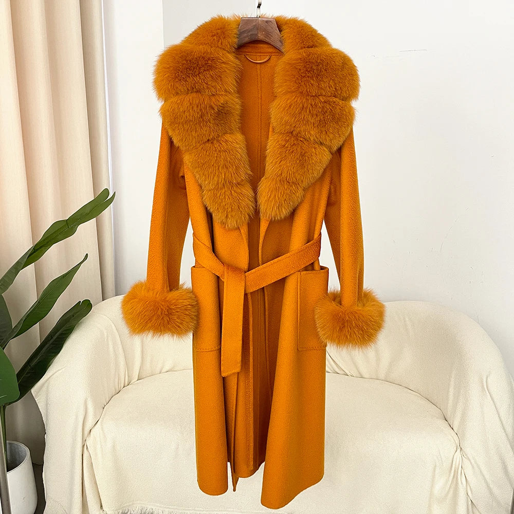Fashion Women Winter Handmade Double Side 100% Woolen Red Color Real Fox Fur Collar Long Warm Female Wool Coat