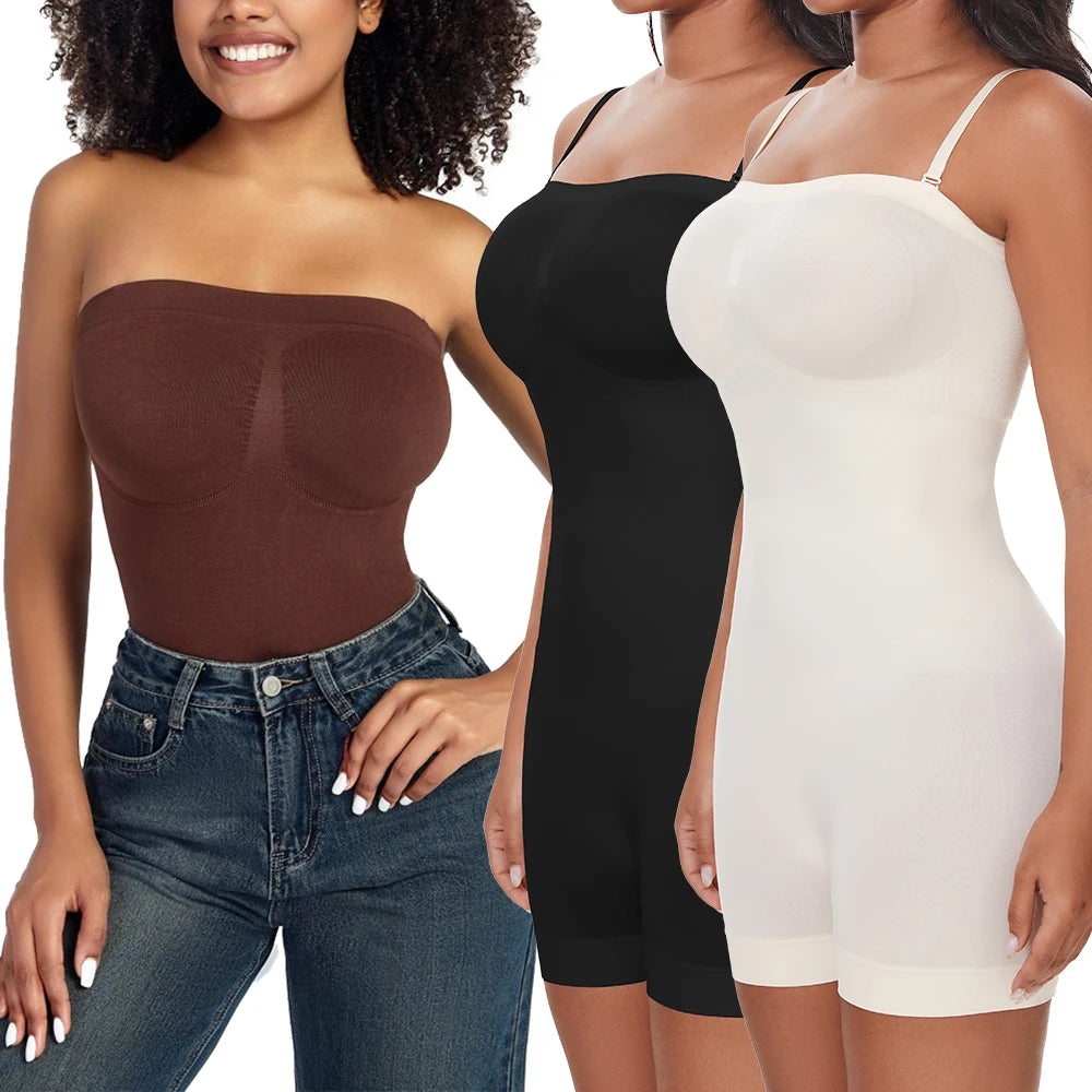 Womens Removable Shoulder Strap Shapewear Bodysuits Tummy Control Butt Lifter Underwear Full Body Shaper Tube Top Jumpsuits New