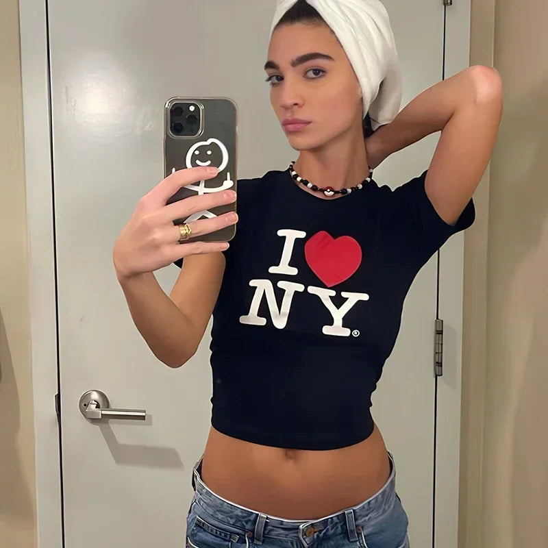 Gothic Clothes Summer Fashion T Shirt Tee Tshirt Dropship I Love New York NY Womens Cropped Top Harajuku