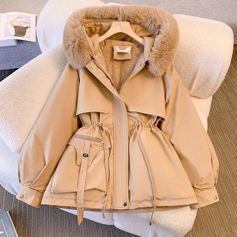 Autumn Winter Fleece Zipper Jackets Fashion Women Lined Hood Down Warm Padded Parkas Casual Office Lady Commute Puffer Coats