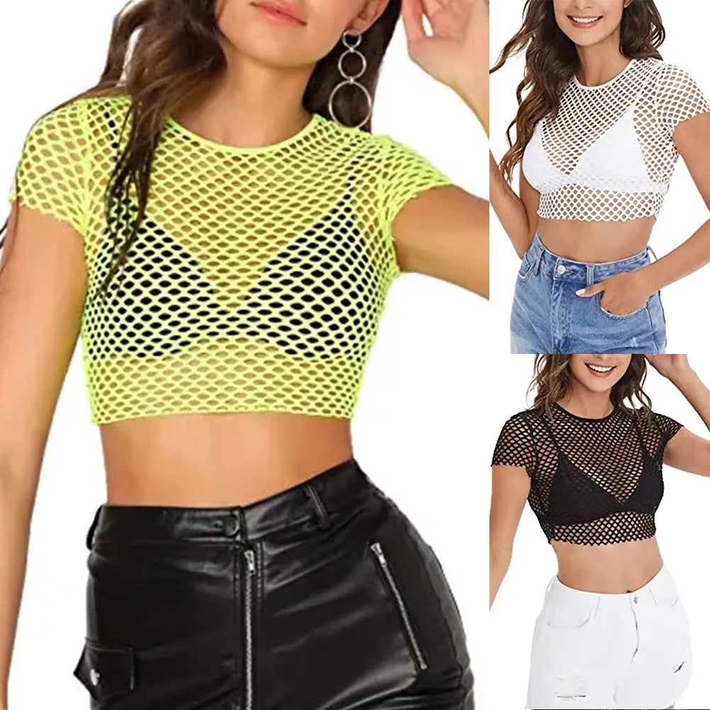 Womens T-Shirt Women\\\'s Short Sleeve See Though Mesh Fish Net Crop Top T Shirt Blouse Multiple Colors S XL Size Chart
