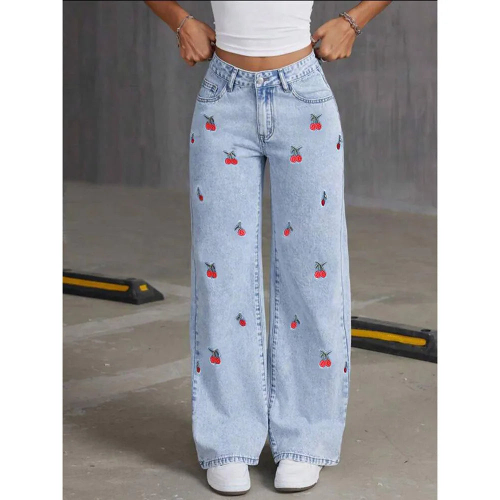 Denim Wide Leg Pants Women Jeans Embroidery High Waist Distressed Washed Pockets Vintage Floor Length Trousers 2025 Streetwear