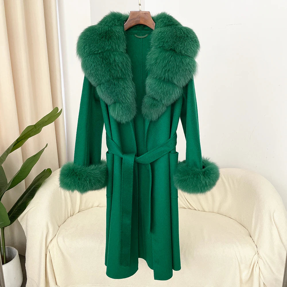 Fashion Women Winter Handmade Double Side 100% Woolen Red Color Real Fox Fur Collar Long Warm Female Wool Coat