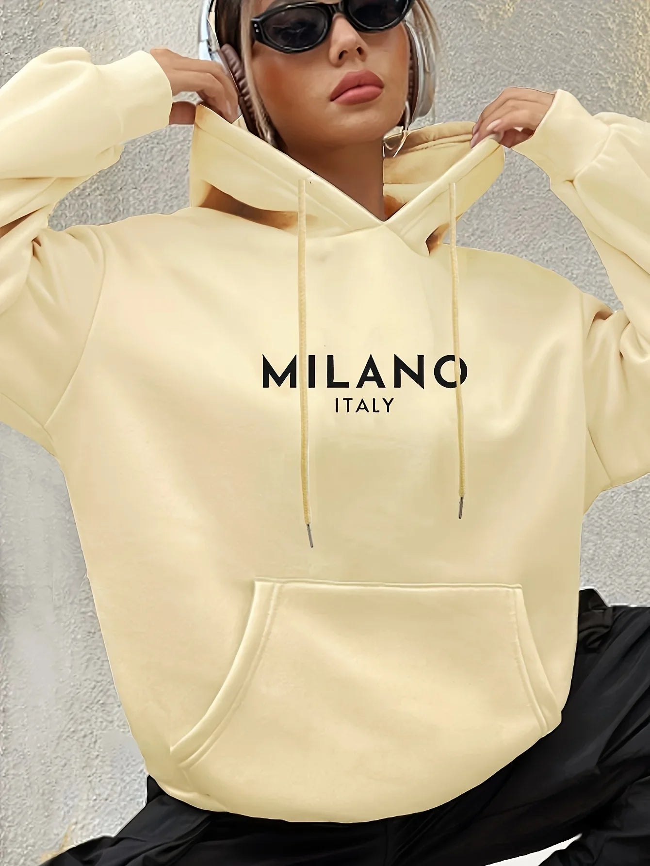 Milano Italy Polyester Hoodie for Women Knit Fabric Alphabet Print Casual Long Sleeve Sweatshirt Fashion Sweatshirts Harajuku