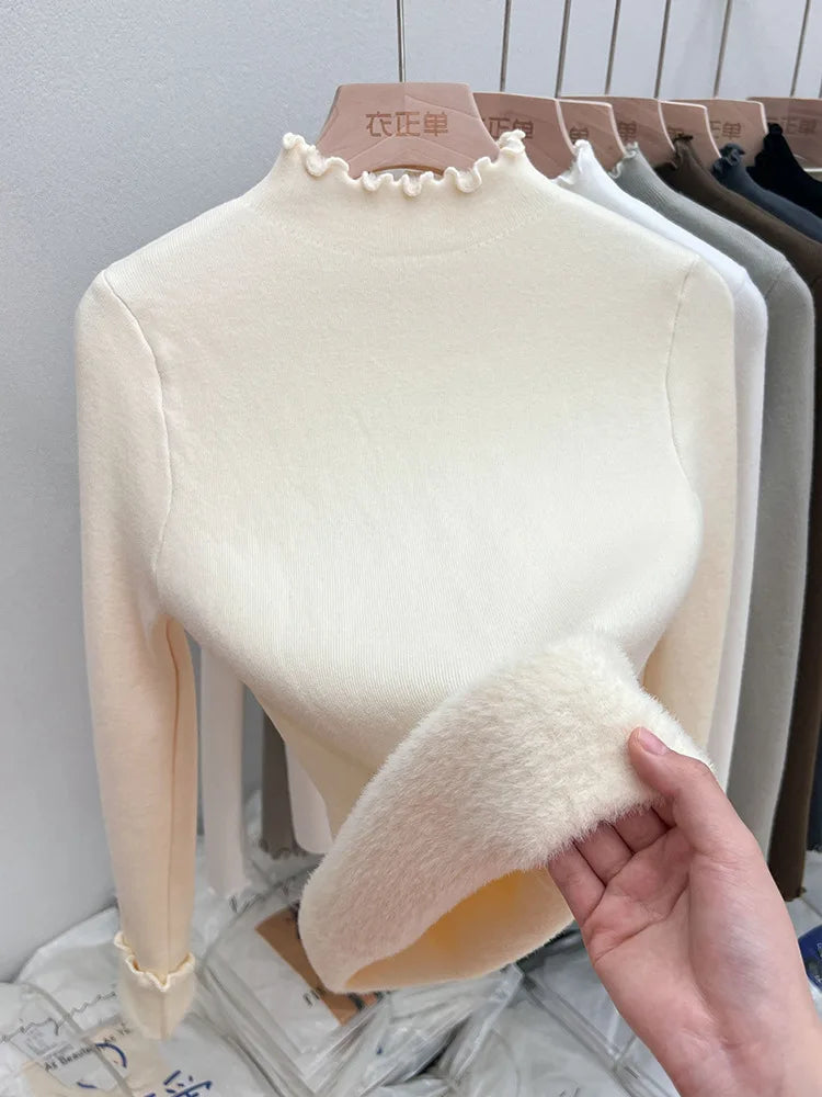New Fleece Lined Thick Turtleneck Sweaters Women's Autumn Winter Slim Warm Ruched Knitted Tops Solid Color Casual Soft Pullover