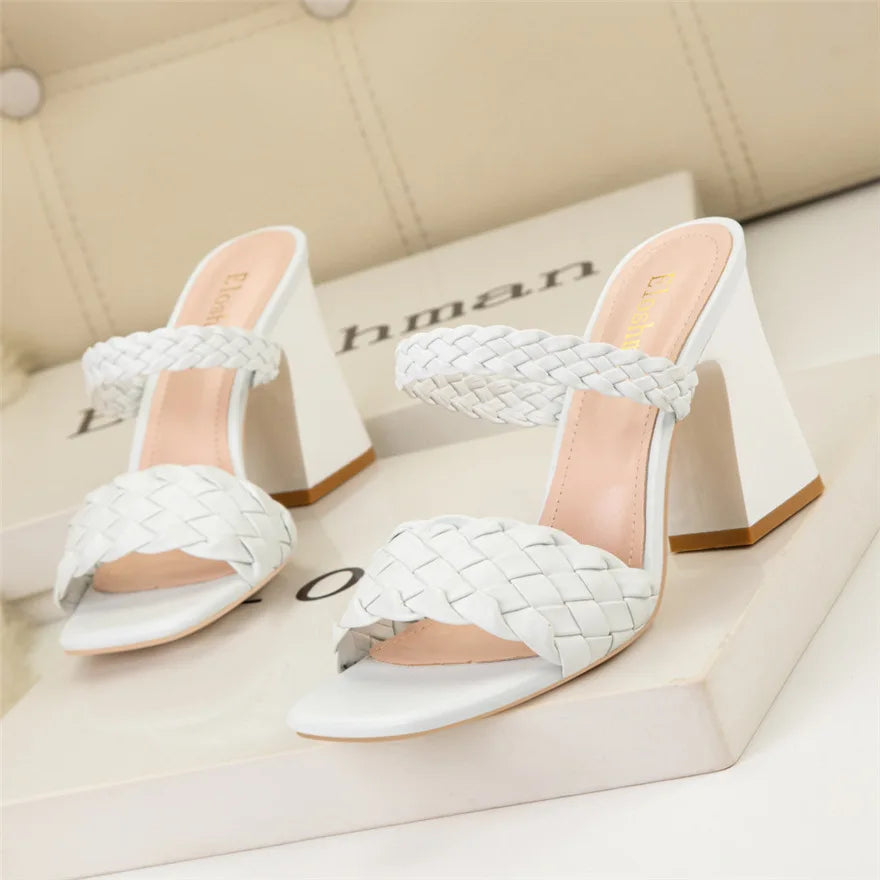 Fashion Weave Thick Heel Women's Slippers Square Toe Summer Casual Ladies Slides Red Orange Shoes Slip On Beach Sexy Pumps Woman