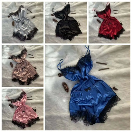 Fashion Bowknot Lace Pajama Suit Sleeveless V-Neck Shorts Camisole Nightdress Satin Ice Silk Loose Lace Sleepwear Sets Gifts