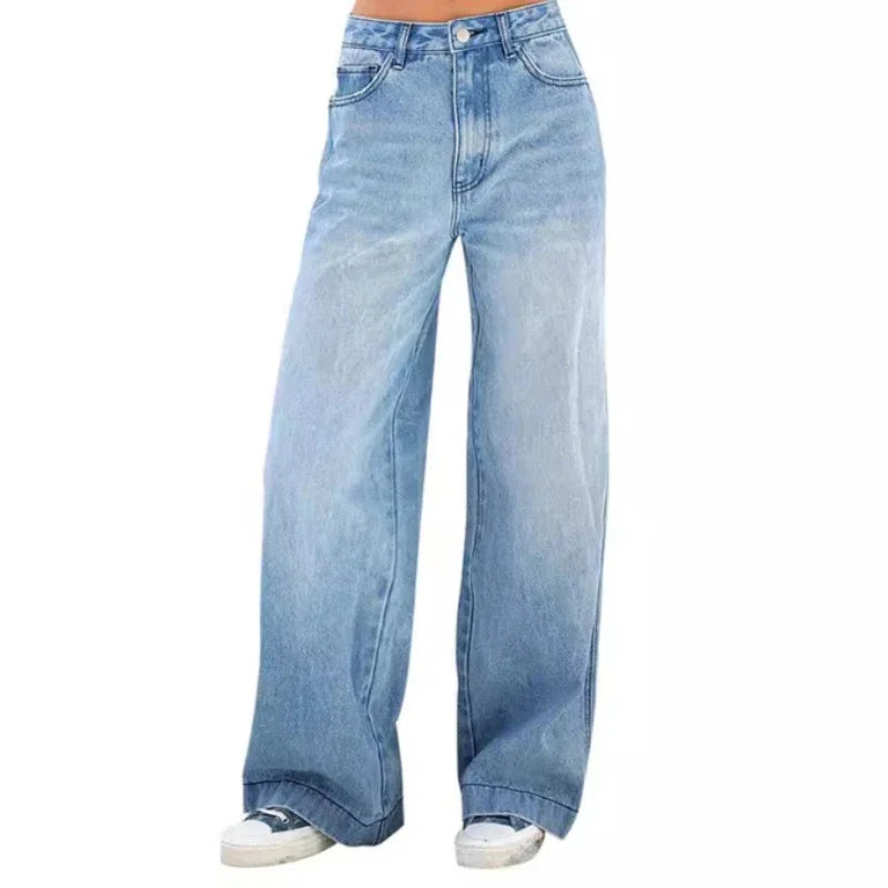 Women's Denim Pants Jeans High Waist Wide Leg Pants with Pockets Fashion Casual Long Trousers 2025 New Korean Streetwear