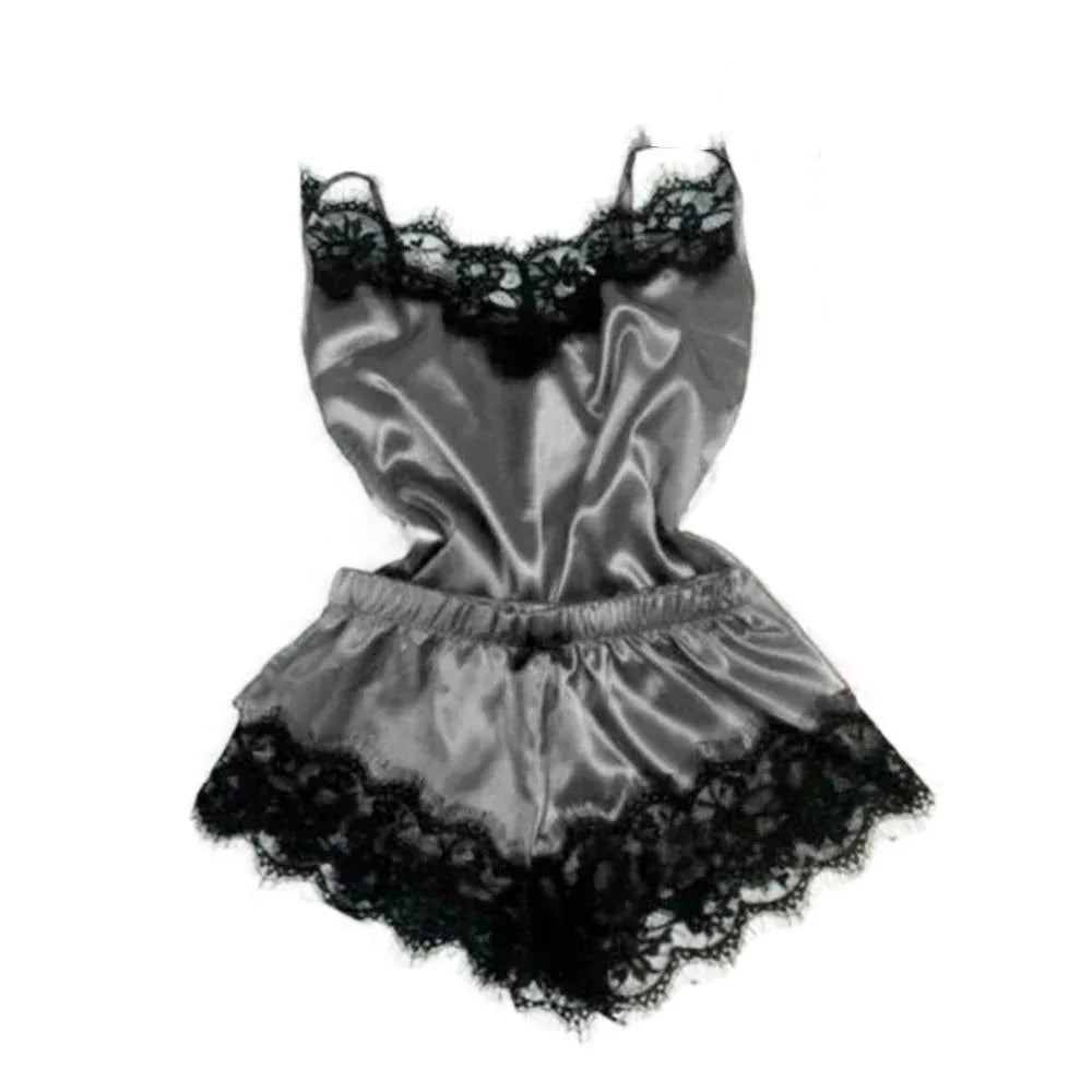 Fashion Bowknot Lace Pajama Suit Sleeveless V-Neck Shorts Camisole Nightdress Satin Ice Silk Loose Lace Sleepwear Sets Gifts