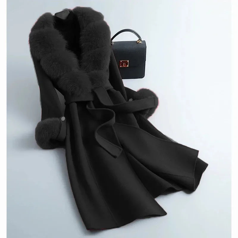Fashion Women Winter Handmade Double Side 100% Woolen Red Color Real Fox Fur Collar Long Warm Female Wool Coat