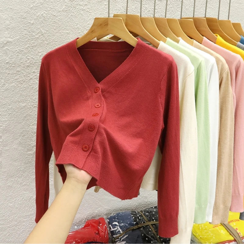 AOSSVIAO Korean Style V-neck Knitted Cardigan 2025 Autumn New Black Sweater Solid Color Long Sleeved Casual Tops