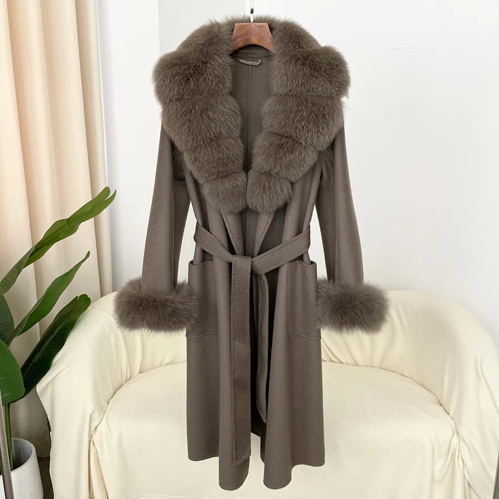 Fashion Women Winter Handmade Double Side 100% Woolen Red Color Real Fox Fur Collar Long Warm Female Wool Coat