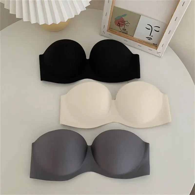 Women Sexy Strapless Anti-Slip Bra Solid Color Invisible Push-Up Comfortable Bra Adjustable Elastic Strapless Bra Underwear