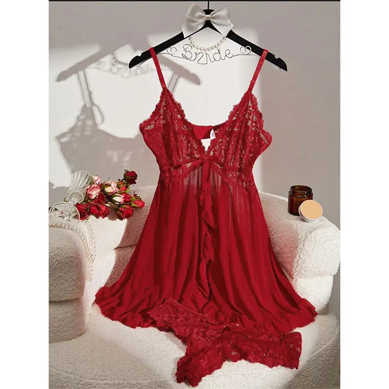 Soft Sheer Nighty Pajamas Hotselling Nightgowns Dark Green Halter Dress Women Sleepwear Sexy Bra Plus Size Nightdress Thong Sets