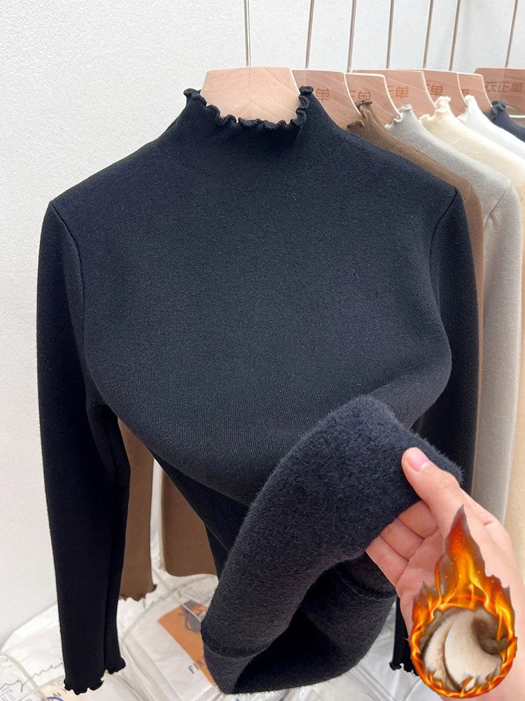 New Fleece Lined Thick Turtleneck Sweaters Women's Autumn Winter Slim Warm Ruched Knitted Tops Solid Color Casual Soft Pullover