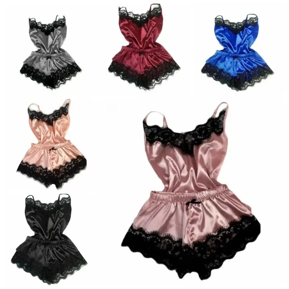 Fashion Bowknot Lace Pajama Suit Sleeveless V-Neck Shorts Camisole Nightdress Satin Ice Silk Loose Lace Sleepwear Sets Gifts