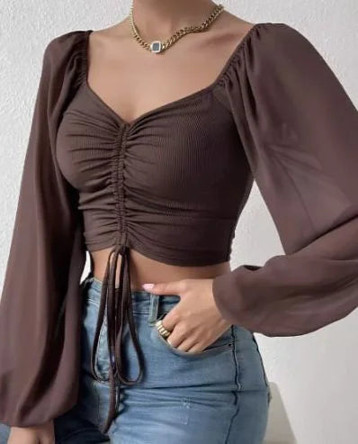 Women's Polo Shirt Brand Lantern Sleeve Polo Shirts For Women Drawstring Women's Casual Shirt Sexy Pulovers Womens Tops Blouses