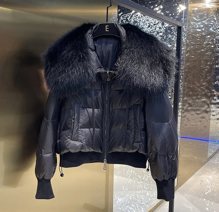 New 2023 Winter Puffer Jacket Women Thick Warm Short Parkas Real Natural Raccoon Fur Female Loose 90% White Duck Down Coat