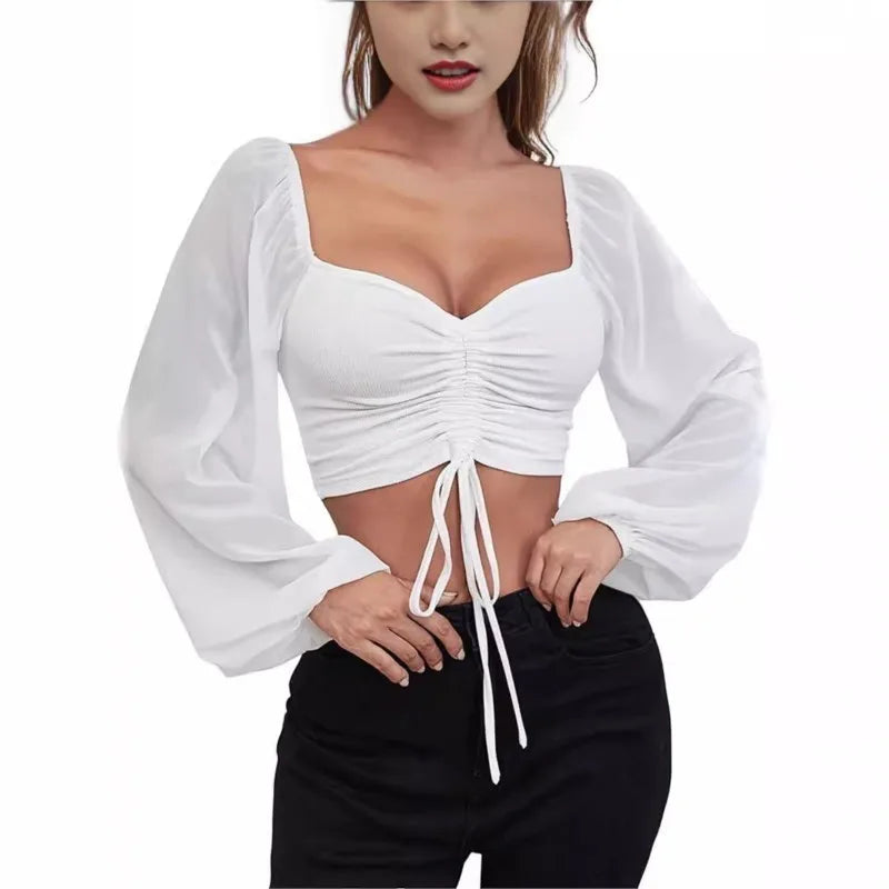 Women's Polo Shirt Brand Lantern Sleeve Polo Shirts For Women Drawstring Women's Casual Shirt Sexy Pulovers Womens Tops Blouses