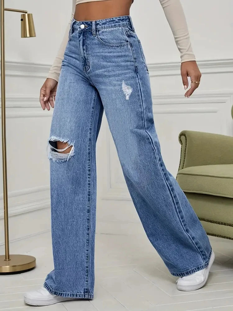 Women's Jeans Denim Pants Wide Leg Vintage Distressed Ripped Trousers 2025 Streetwear Washed Pockets Floor Length Hole Jeans
