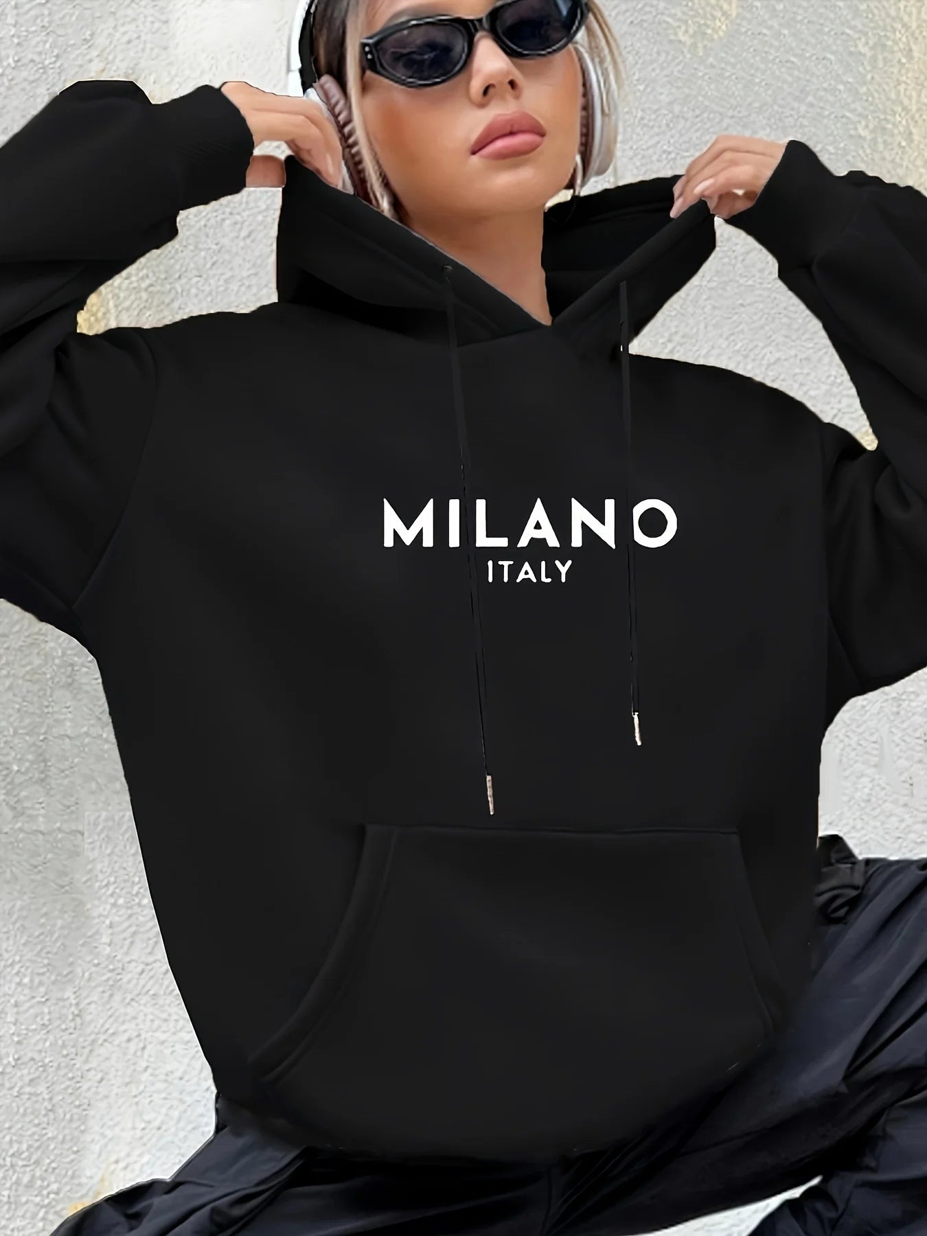 Milano Italy Polyester Hoodie for Women Knit Fabric Alphabet Print Casual Long Sleeve Sweatshirt Fashion Sweatshirts Harajuku