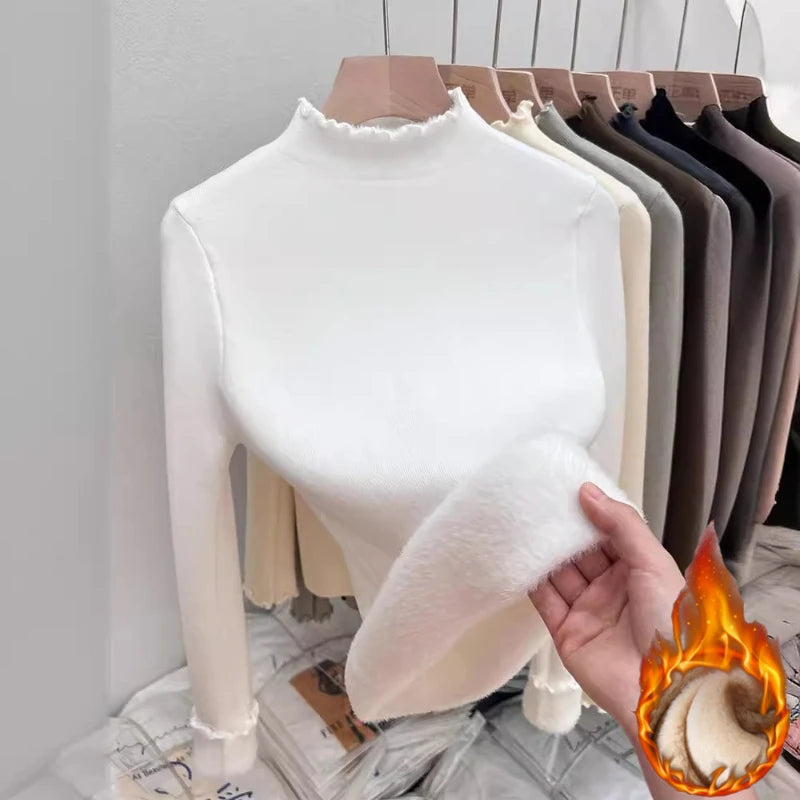 New Fleece Lined Thick Turtleneck Sweaters Women's Autumn Winter Slim Warm Ruched Knitted Tops Solid Color Casual Soft Pullover